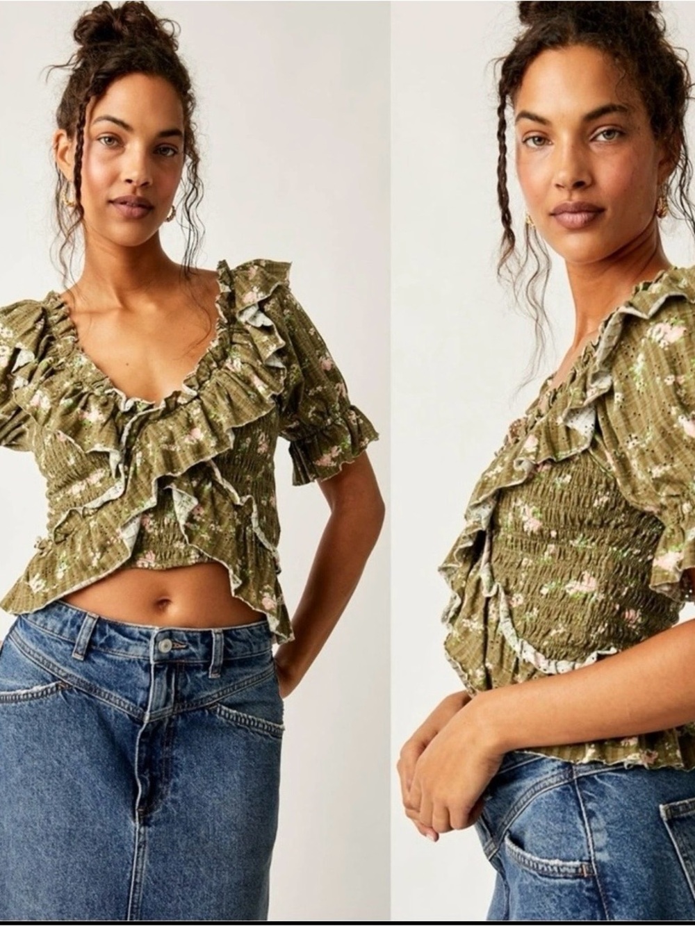 Free People Olive Floral Ruffle Smocked Crop Top